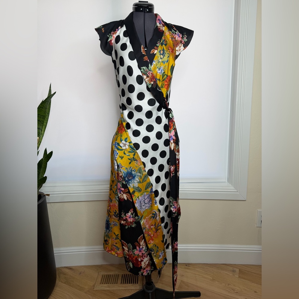Zara Black and Yellow Floral Polka Dot Midi Dress